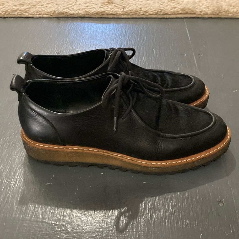 Black Clarks Originals Shoe, Smooth Leather, Pony Hair Detail, US W9.5